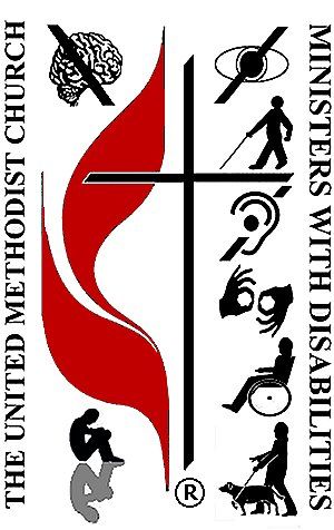 Logo of United Methodist Association of Ministers with Disabilities. The logo includes symbols for disabilities related to vision, learning, hearing, speaking, and mobility.